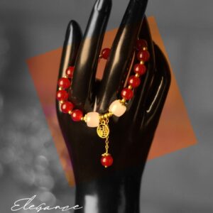 Elegant Red Agate Beaded Bracelet with Golden Accents