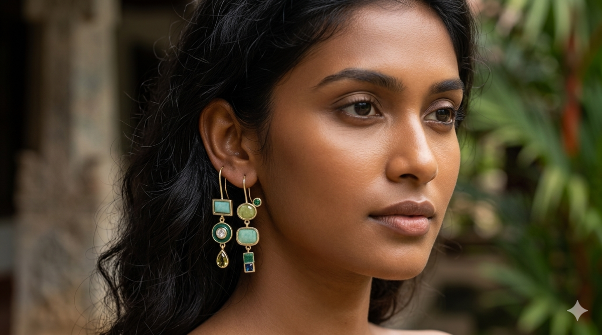 Green Patterned Drop Earrings - Image 2