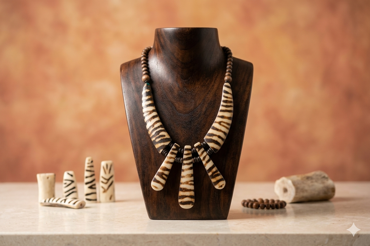Bold African-inspired necklace featuring handcrafted beads in vibrant turquoise, coral, and earthy tones — a striking statement piece celebrating culture, color, and artisanal craftsmanship.