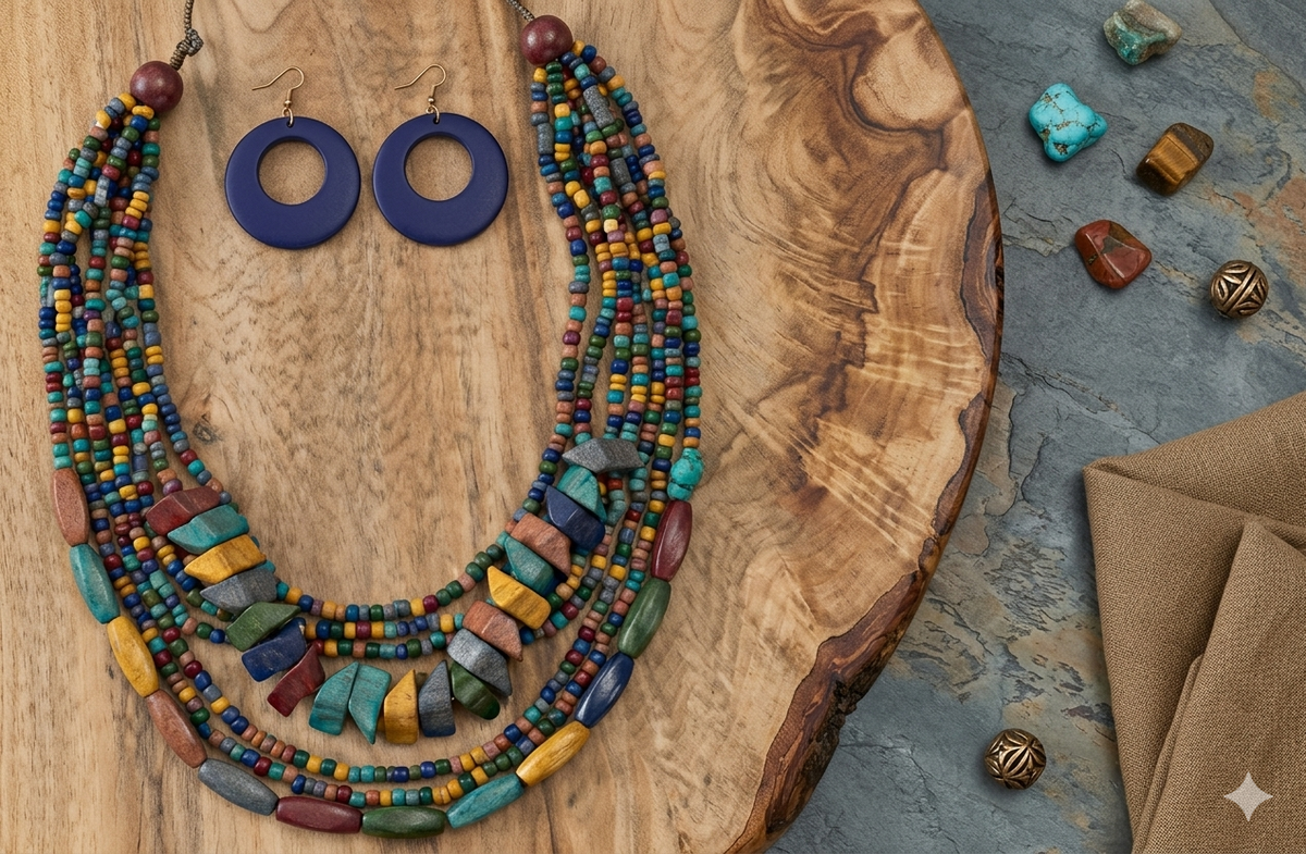 5-Color Wooden Multi-Layer Necklace Sweater Chain Earring Jewelry Set