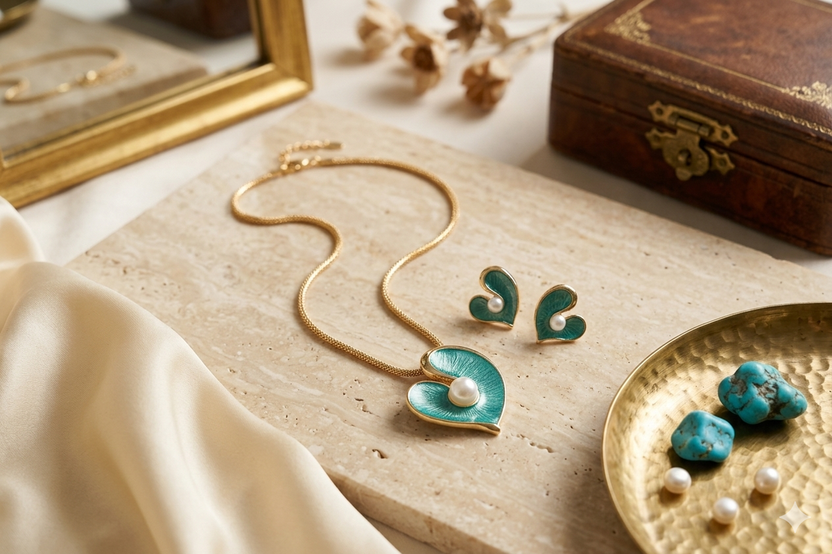 Handmade Enamel Heart-Shaped Pendant Necklaces And Earring