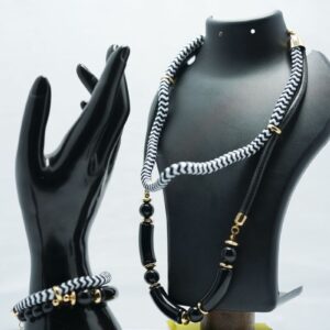 h Black And White Chunky Double-Line Necklace And Bracelet Se