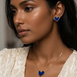 Stainless Steel Blue Heart-Shaped Golden Necklace And Earrings