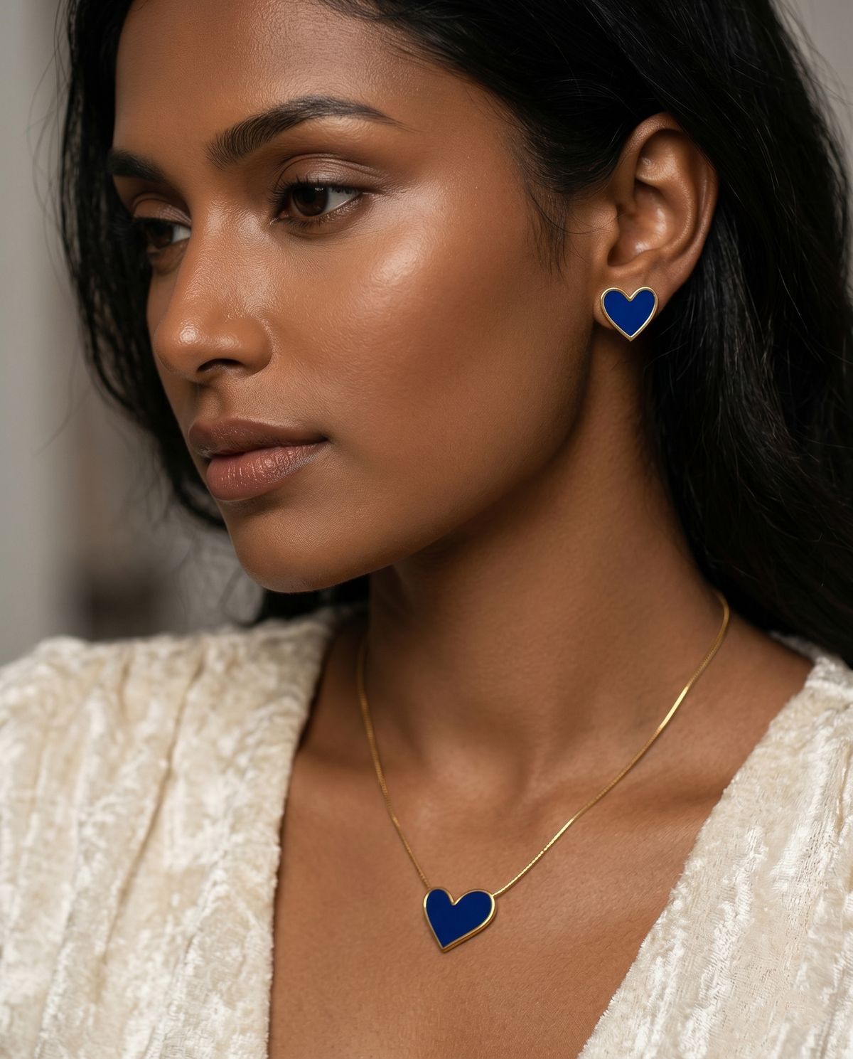 Stainless Steel Blue Heart-Shaped Golden Necklace And Earrings